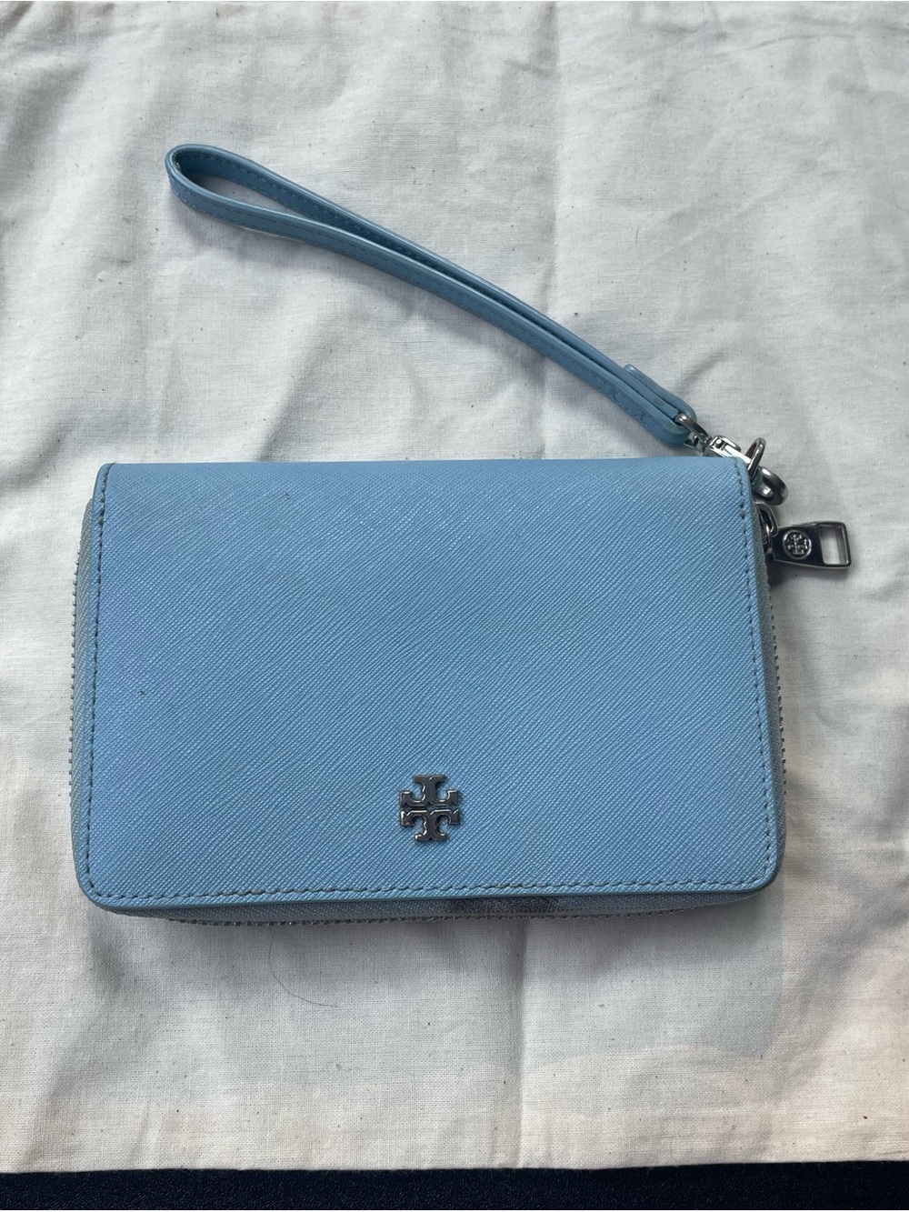 Tory Burch Powder Blue Saffiano Leather Wristlet Clutch
